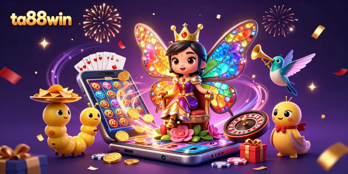 Experience the excitement at ta88win with a vibrant casino scene featuring a butterfly queen and dynamic gaming elements.