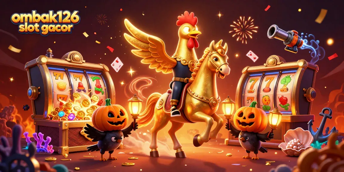 Engage with ombak126 slot gacor in an enchanting casino scene with vibrant characters and treasures.