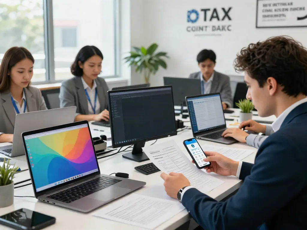 Tax office software in action as a diverse team collaborates in a professional workspace.