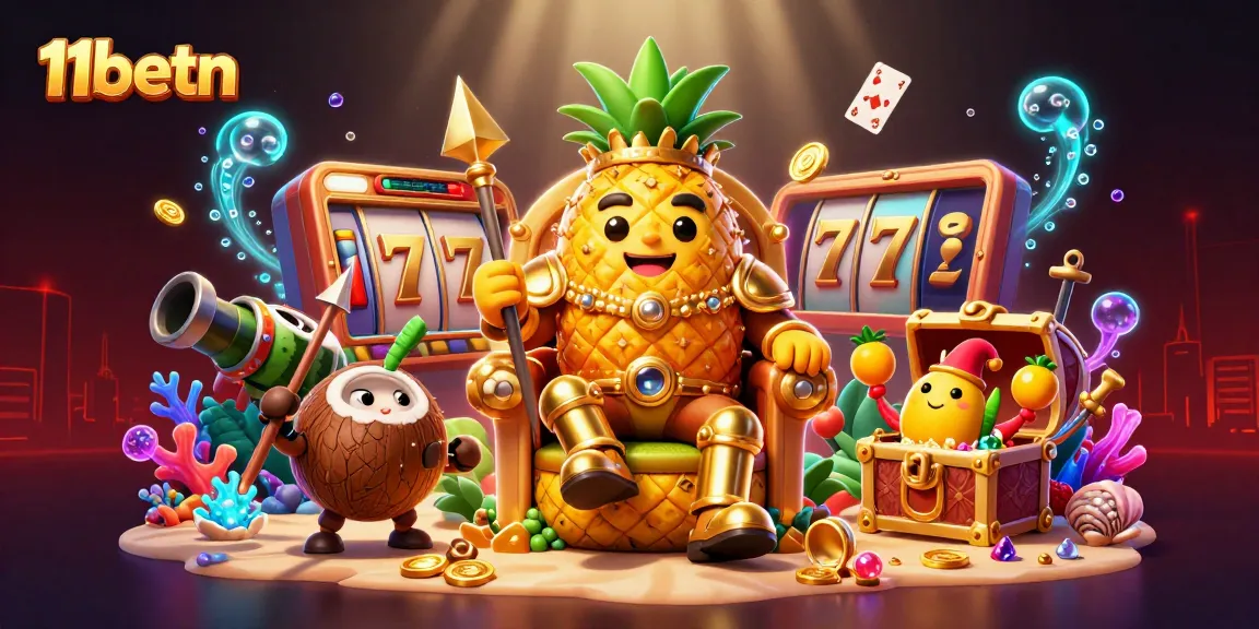 Play thrilling slots with the 11betn pineapple king and friends in a vibrant beach casino.