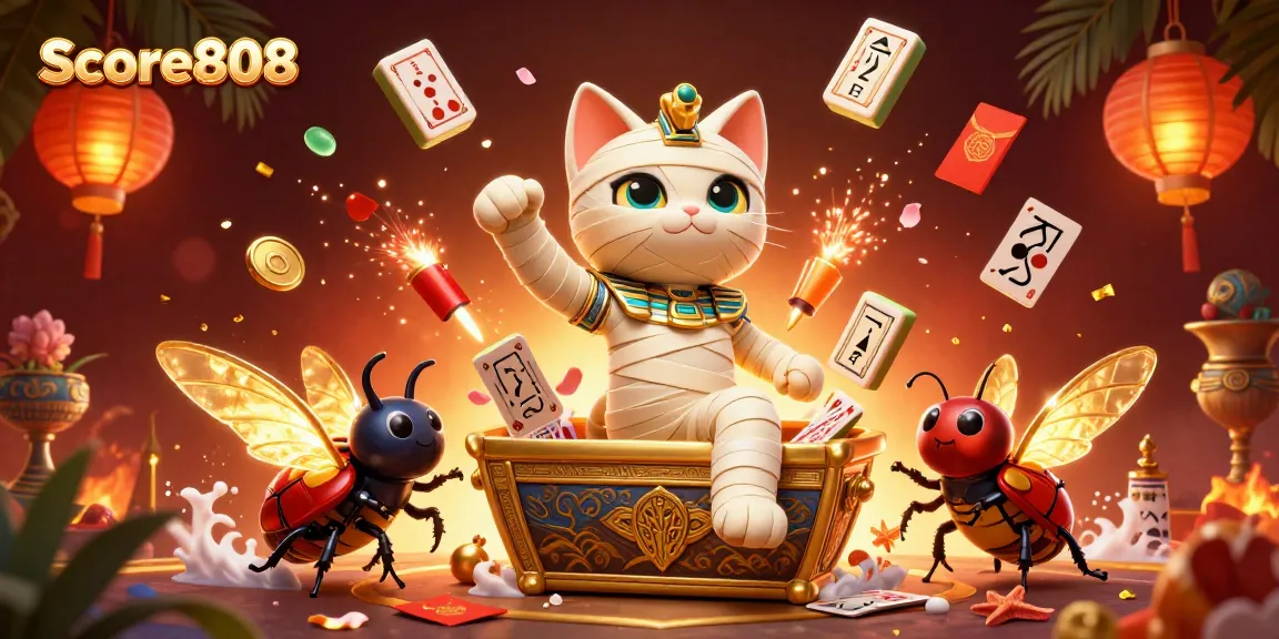 Score808 captivates players with a dynamic scene of a mummy cat and a scarab beetle in a vibrant casino setting.