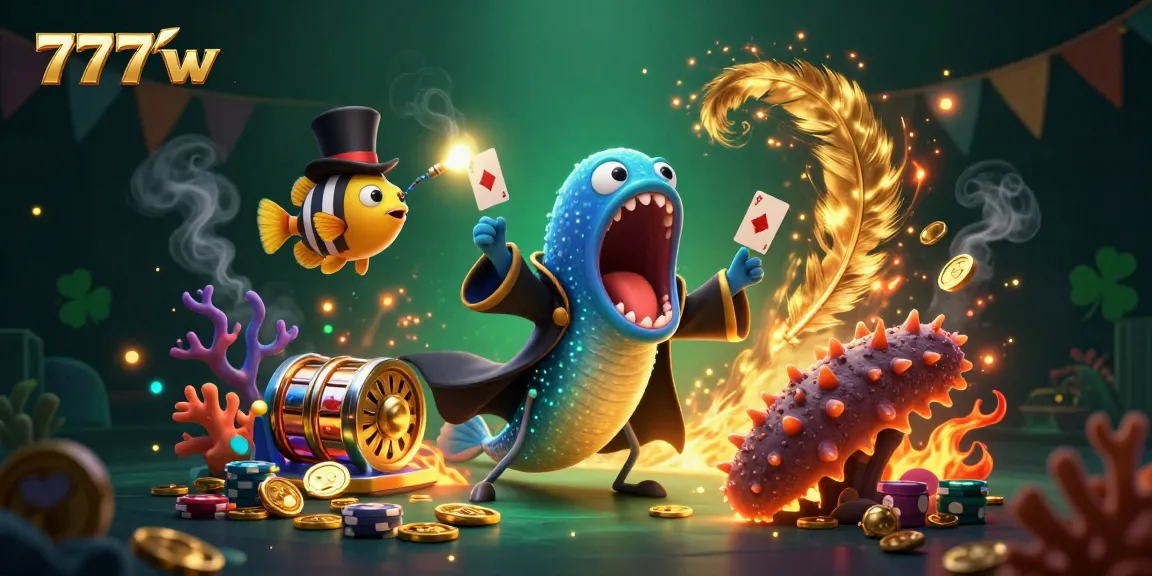 Exciting 7777w casino scene featuring a gulper eel magician, anglerfish spotlight, and dynamic golden effects