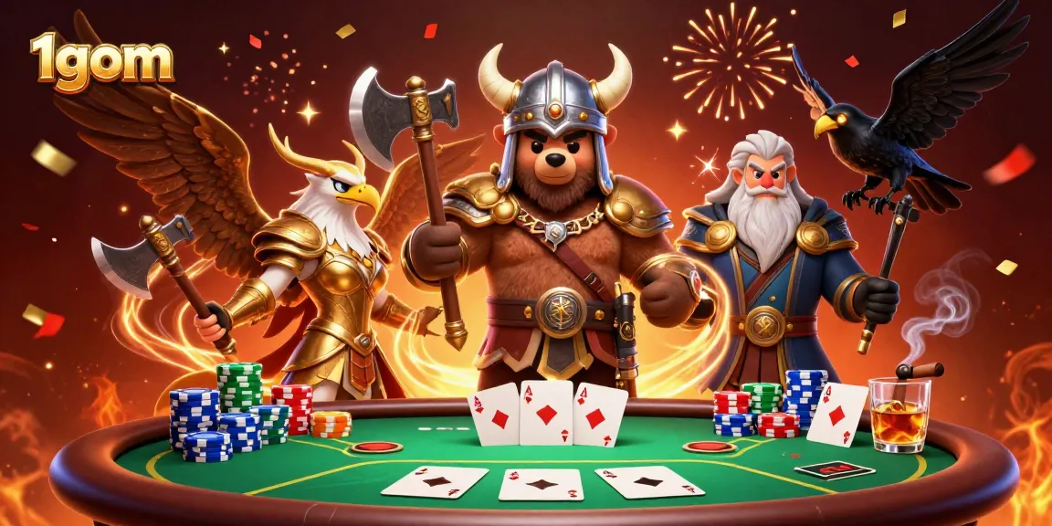 Experience thrilling poker action with 1gom's vibrant Viking themed 3D illustration.
