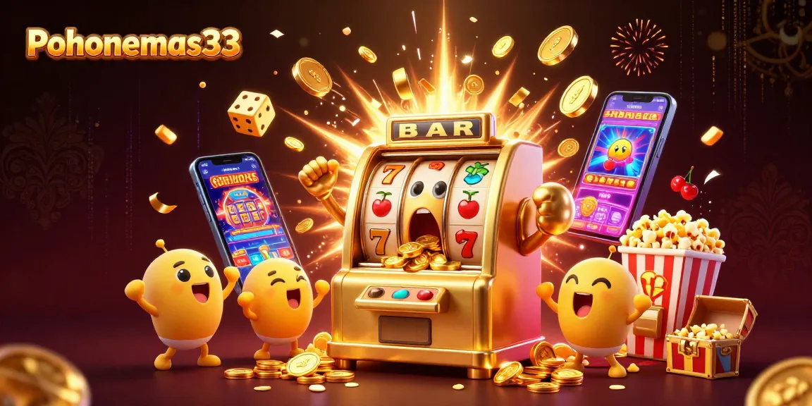 Pohonemas33 showcases a joyful golden slot machine celebrating a jackpot alongside cheering baby slots.