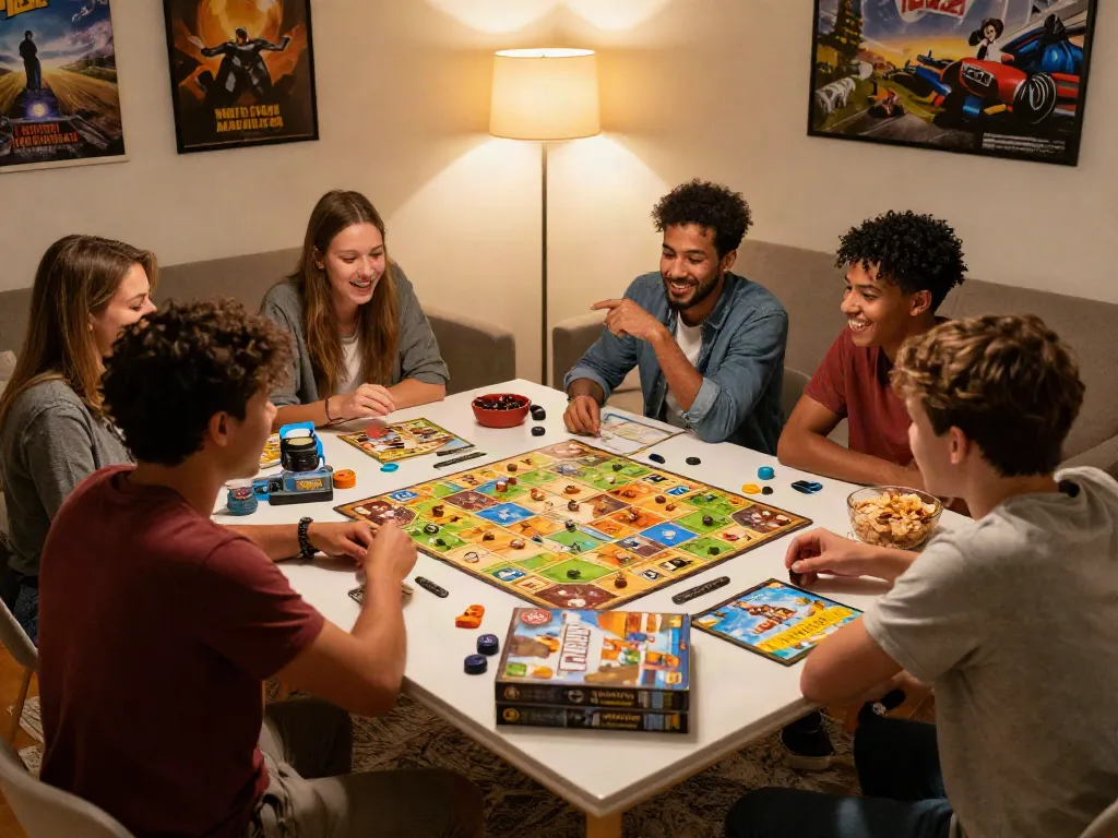 Game night with friends enjoying board games like Viagra at a cozy table.