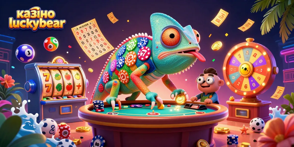 Experience excitement at казино luckybear with vibrant 3D casino elements featuring chameleon mascot.