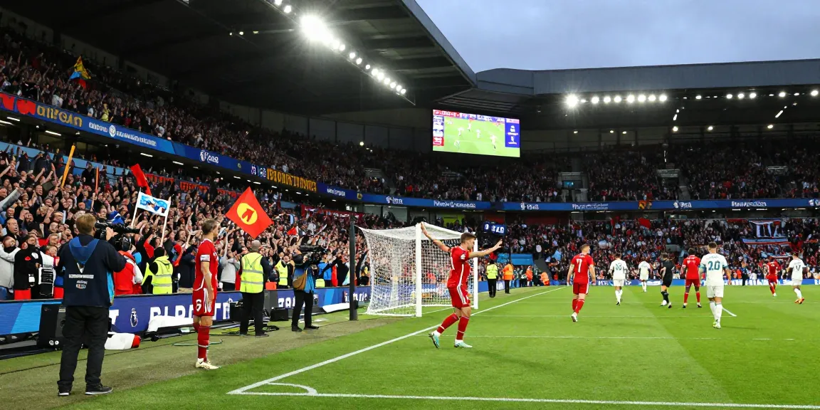 Exciting live football action at a Premier League match on bk8 platform, showcasing fans and players in dynamic moment.