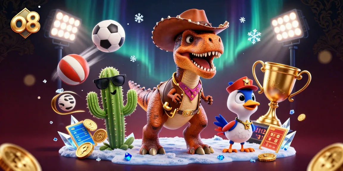 o8 engages players with a vibrant gambling scene featuring a T-Rex, cactus, and roadrunner amidst flying sports elements.