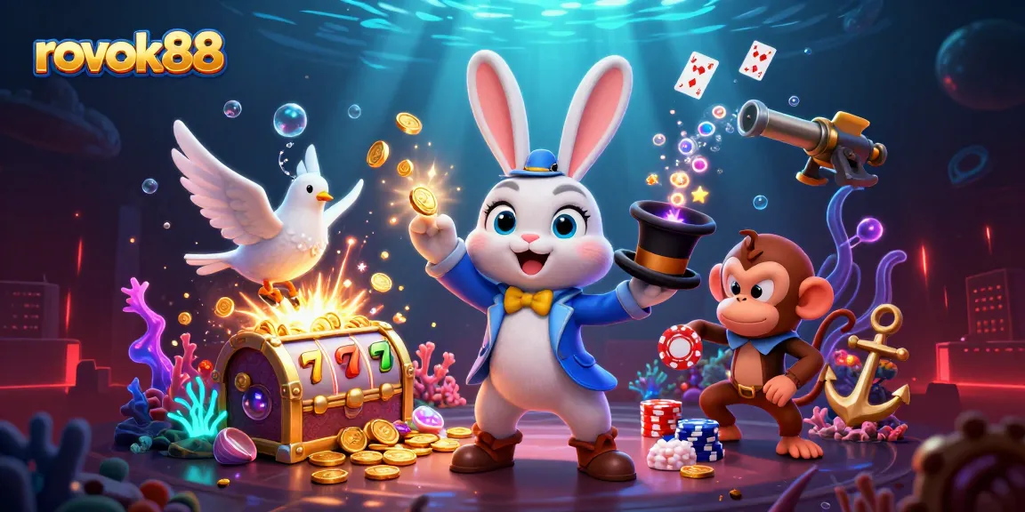 Experience the thrill at rokok88, where a magician rabbit pulls coins and poker elements enchant players.