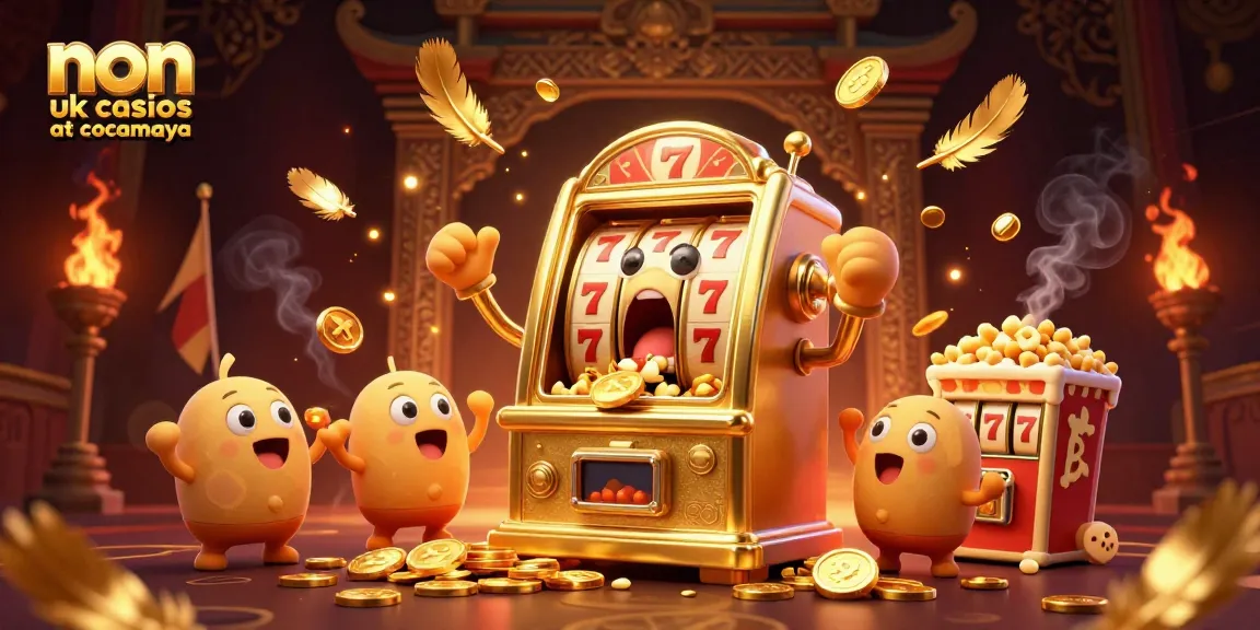 Experience the excitement of non UK casinos at cocomaya with a lively illustration of jackpot-winning slot machines celebrating.