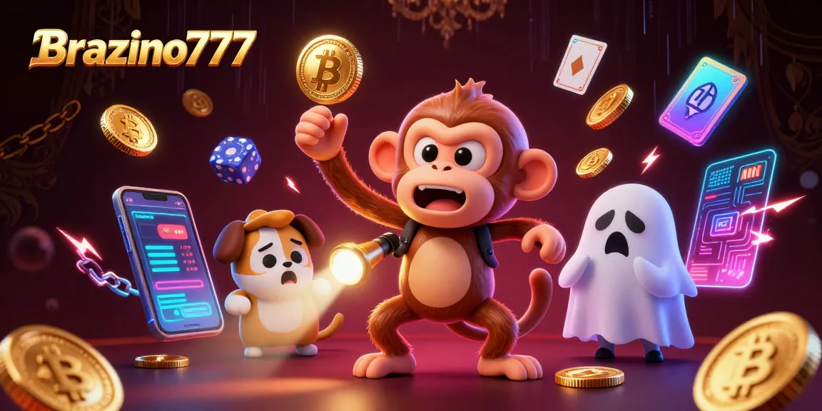 Engage in thrilling gameplay at Brazino777 with a mischievous monkey and a curious puppy in a captivating casino setting.