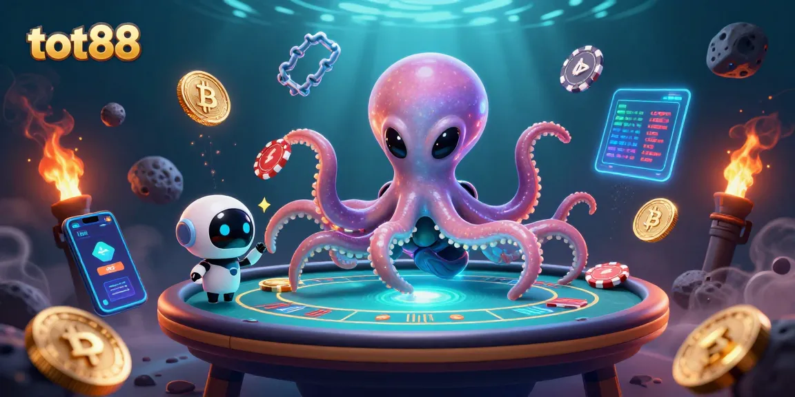 Bet on crypto excitement with tot88's ultramodern 3D gaming scene featuring alien octopus and poker table