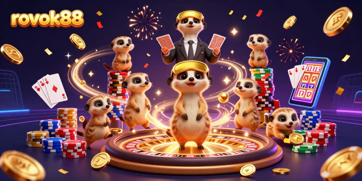 Win big with rokok88's vibrant casino scene featuring meerkats and dynamic gameplay.