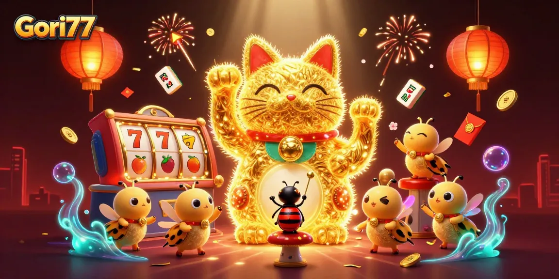 Menangkan permainan di Gori77 dengan ilustrasi kucing keberuntungan dan simbol kasino berkilau.