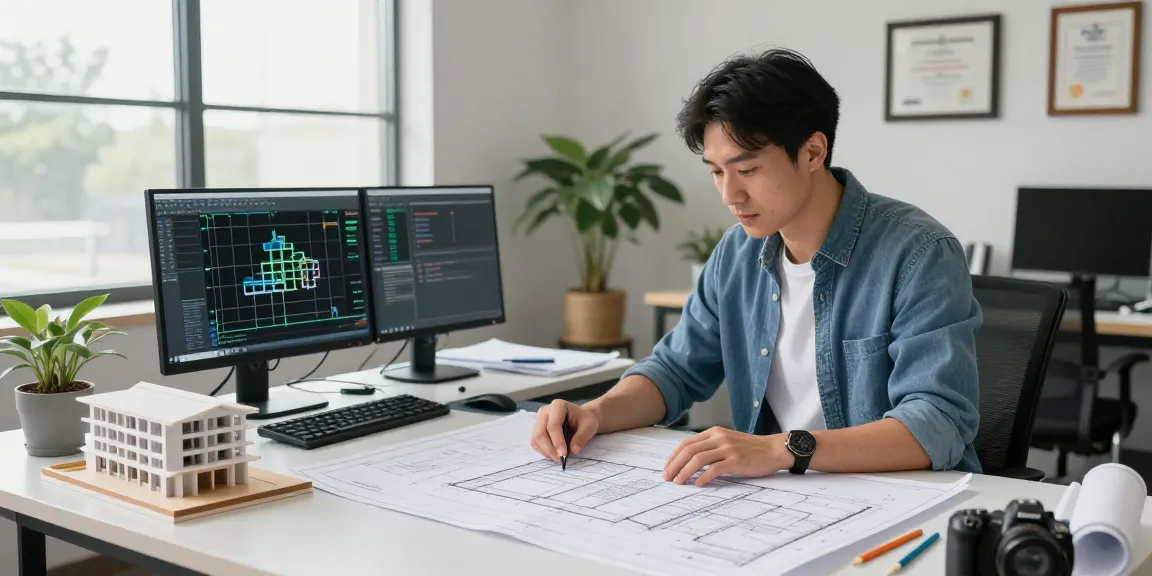 Licensed structural engineer in Missouri reviewing blueprints in a modern office environment, showcasing professionalism and attention to detail.