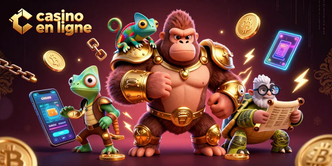 Illustration attirante de casino en ligne avec un gorille et un caméléon, entourés de crypto-monnaies.