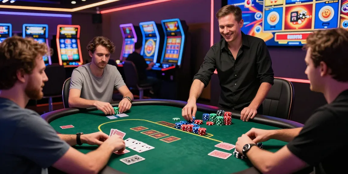 Scène de casino en ligne avec joueurs au poker, ambiance dynamique et lumières vives.