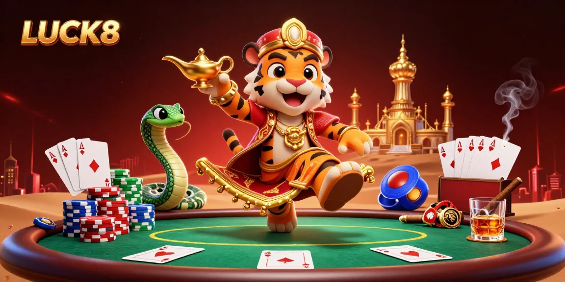 LUCK8 brings the excitement of casino gaming with vibrant illustrations of a sultan and magic lamp.