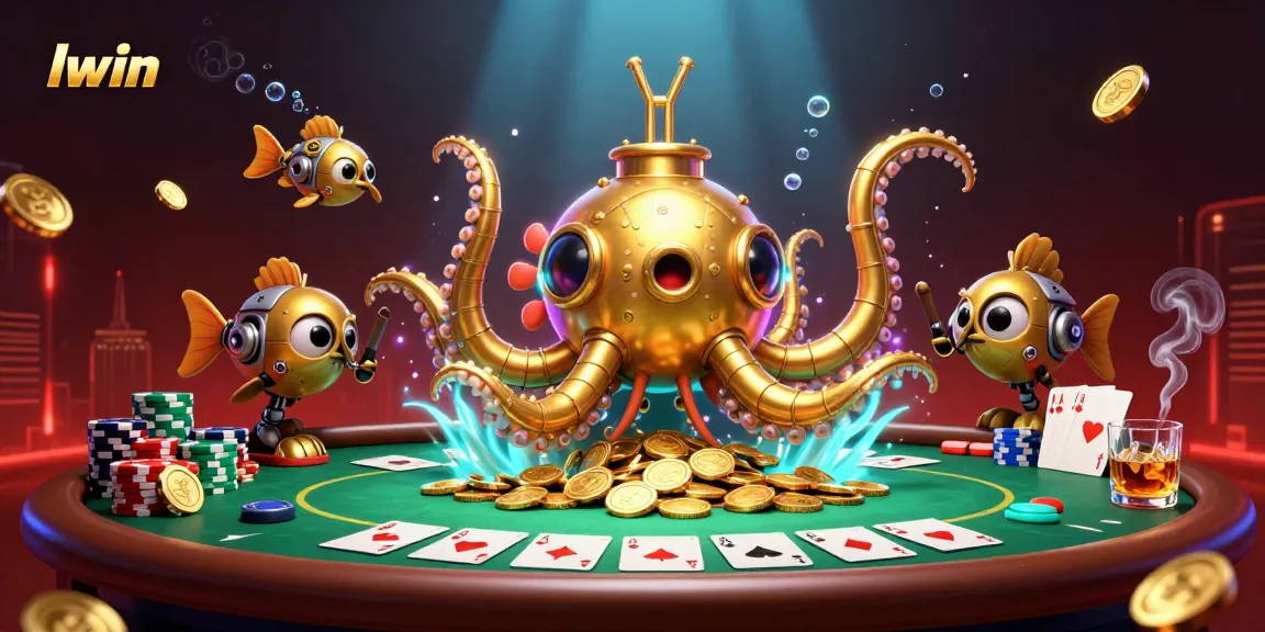 Engage with "llwin" through a vibrant 3D casino scene featuring poker elements and a kraken submarine.