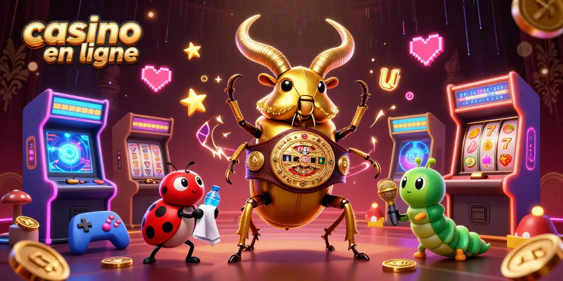 Animation de personnage de casino en ligne avec un scarabée doré, une coccinelle et un annonceur.