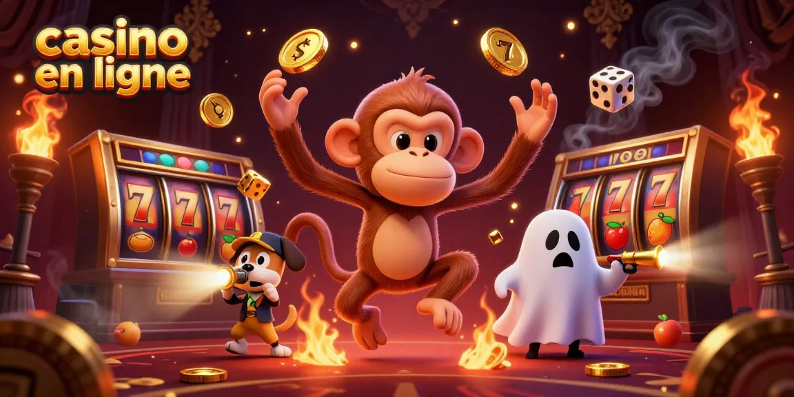Jouez à des jeux de casino en ligne avec une animation captivante montrant un singe malicieux et un chiot chasseur de fantômes.