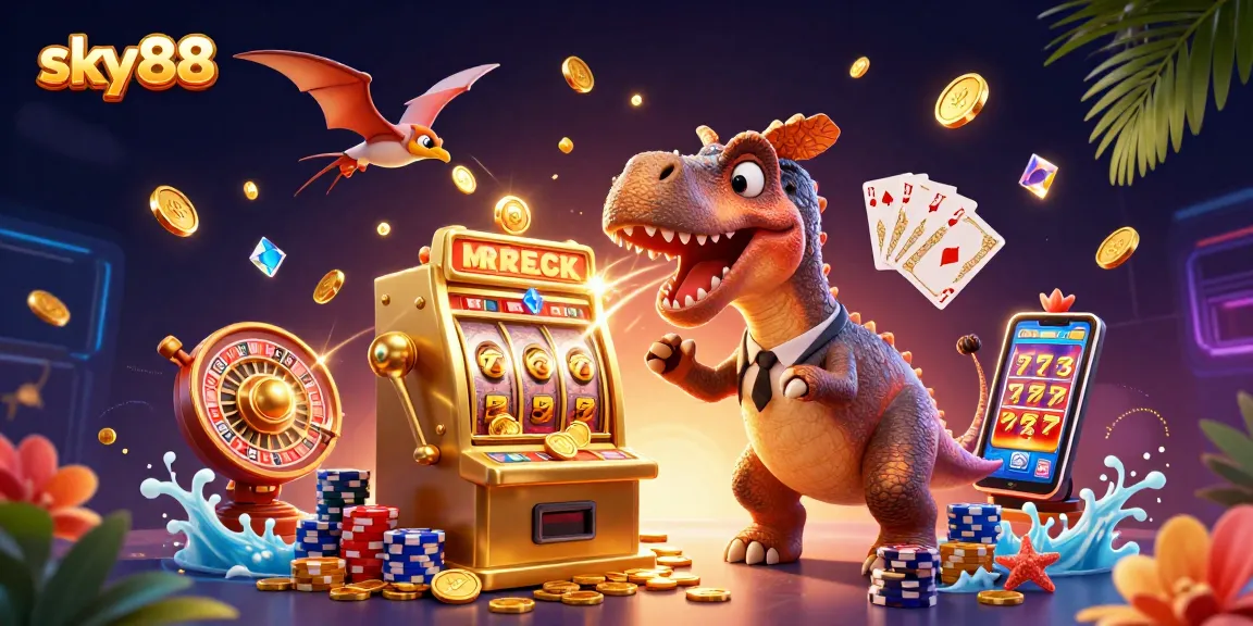 Experience the excitement of sky88 as a dinosaur jackpots on a slot machine amidst flying coins.