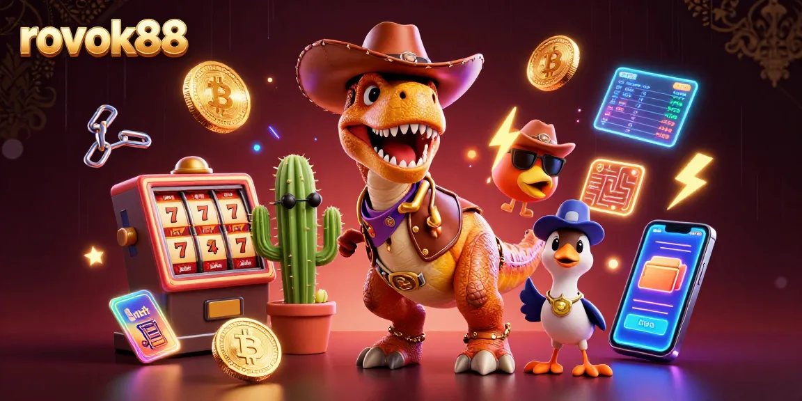 Engage with rokok88 through vibrant casino-themed characters in a dynamic betting scene featuring slots and crypto elements.