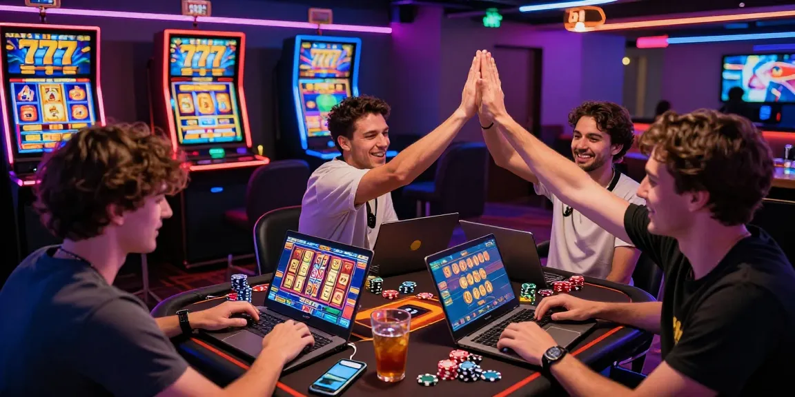 Exciting players enjoying slot777 online games in a vibrant gaming lounge with neon lights.