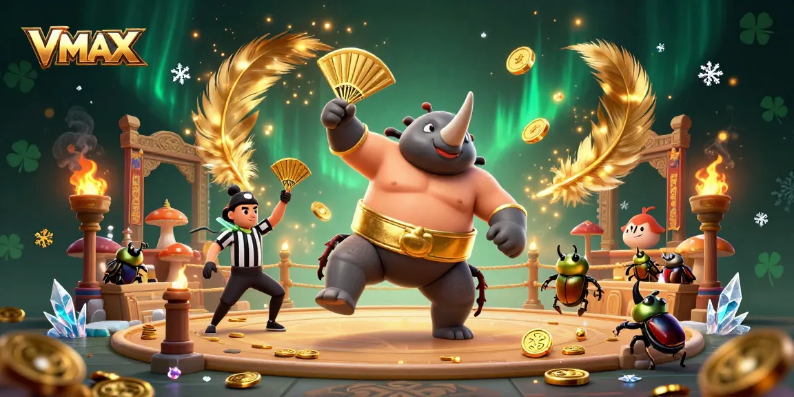 VMAX casino betting experience with a beetle champion and fluttering coins in dynamic action.