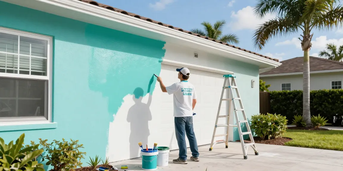 Painters in Sarasota FL refreshing a residential home's exterior with vibrant paint, capturing the professional service and sunny atmosphere.