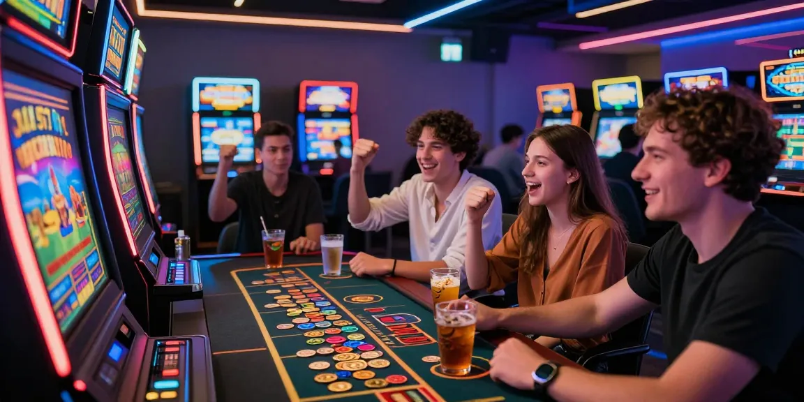 Friends celebrating wins at slot777 machines in a vibrant gaming lounge