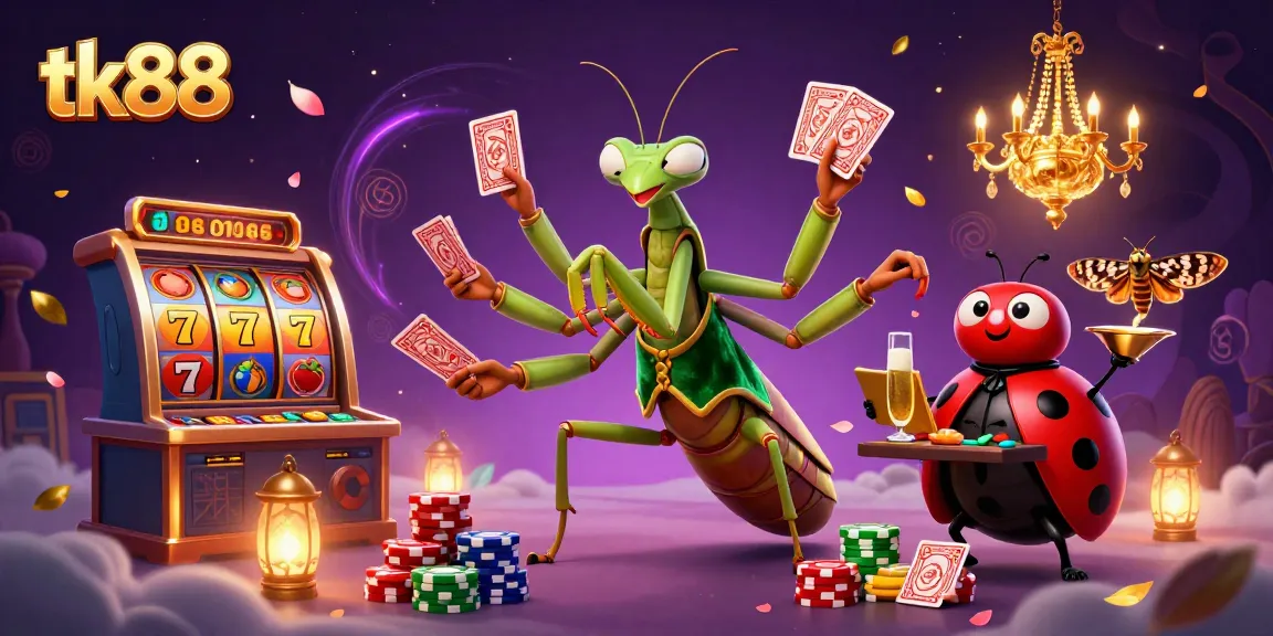 Experience excitement at tk88 Casino with a giant praying mantis card sharp and ladybug pit boss, surrounded by vibrant slot games and dynamic elements.