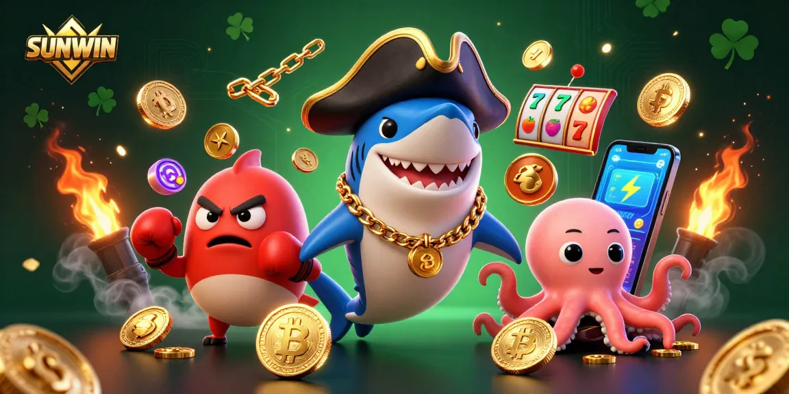 Engage with SUNWIN's exciting slots action, featuring a cartoon pirate shark, pufferfish, and octopus amidst gold coins.