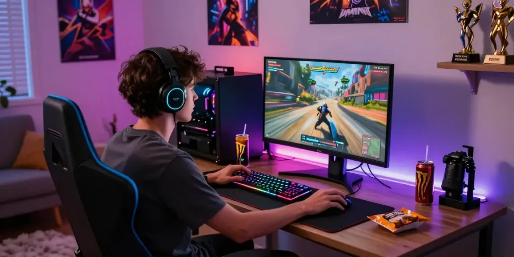 Dynamic gaming setup featuring rokok88 and immersive lighting.