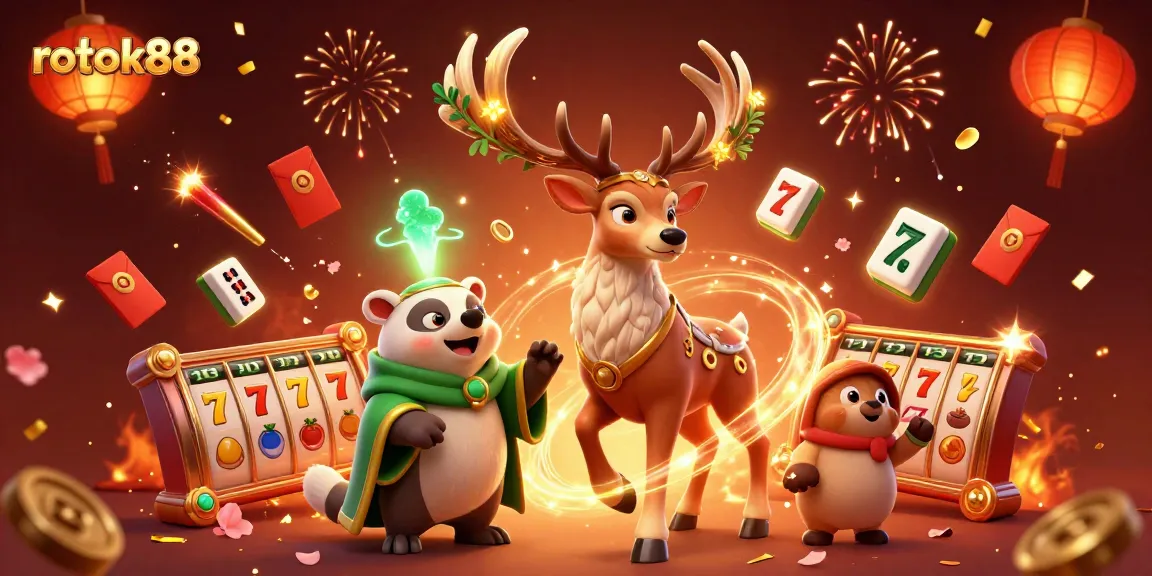 Experience thrilling gameplay at rokok88 with dazzling visuals of slot reels, cherry blossoms, and dynamic characters.