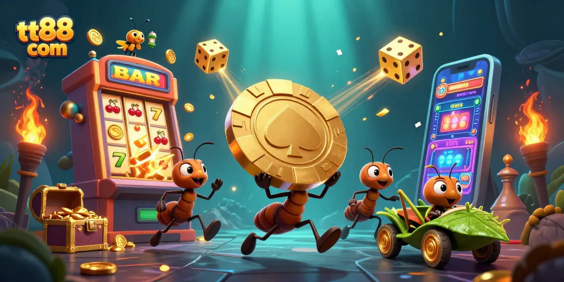 Experience excitement at tt88 com with a dynamic illustration of ants carrying a poker chip amidst casino elements.