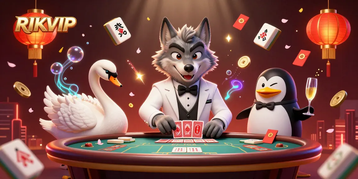 Play exciting games at RIKVIP, featuring fun characters like a debonair wolf and a swan dealer.