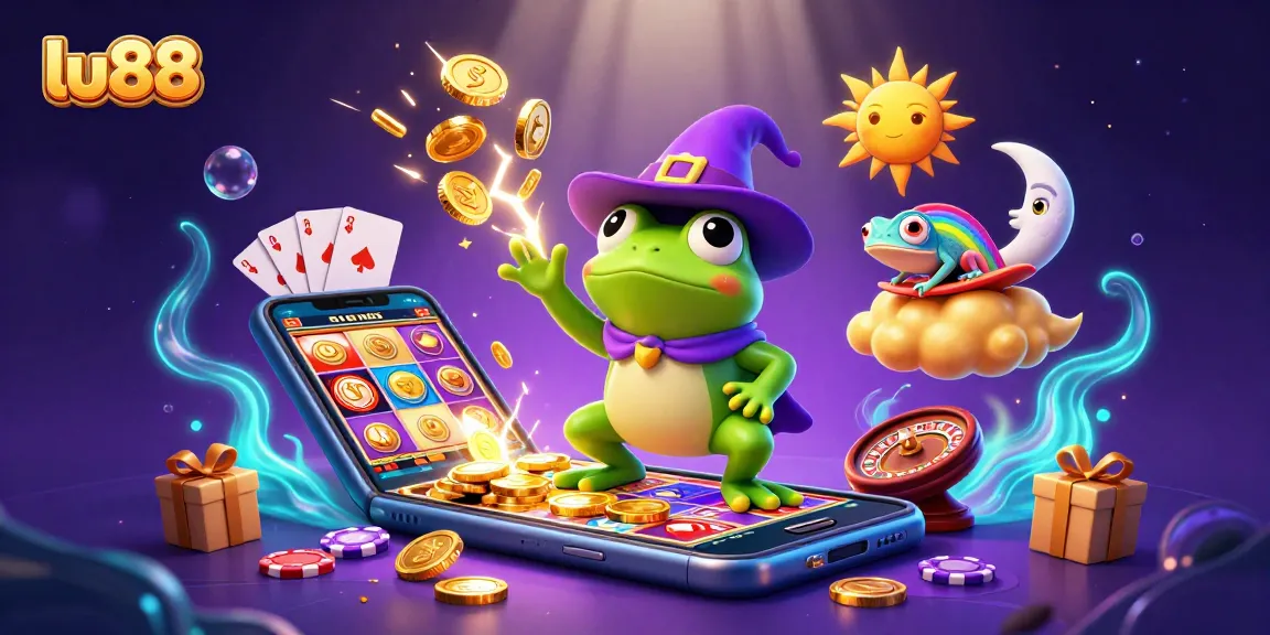 Experience the lu88 magic with a wizard frog, chameleon and vibrant casino elements.