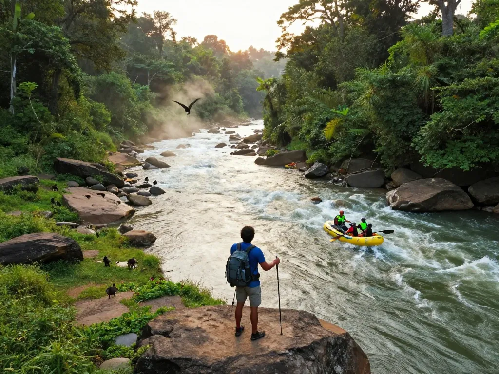 Dandeli adventure traveler near Kali River, engaging in thrilling rafting and kayaking activities.