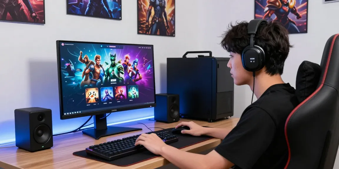 Enthusiastic gamer immersed in the ROKOK88 gaming platform, surrounded by vibrant game graphics and high-tech equipment.