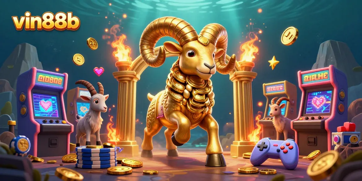 Experience the thrilling chase in vin88b with a golden ram amidst vibrant arcade elements.
