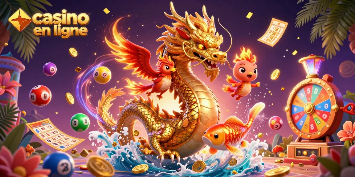 Exploration dans le casino en ligne avec un dragon doré et un poisson chanceux.