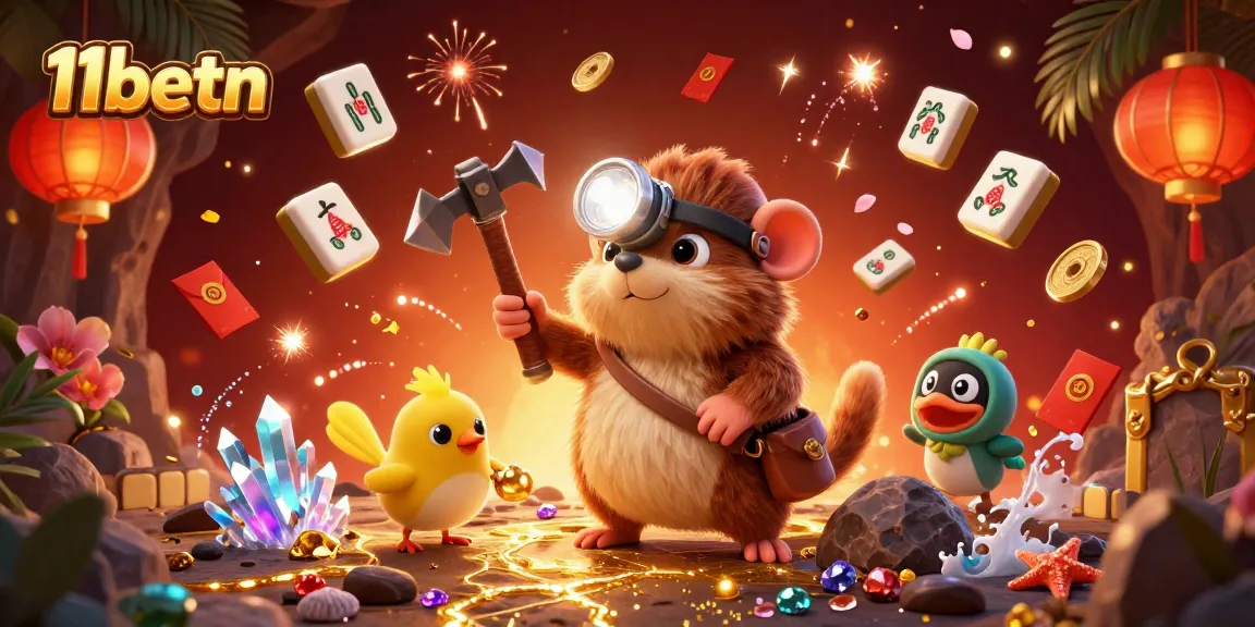 11betn showcases a vibrant treasure hunting scene filled with golden gems and casino elements.