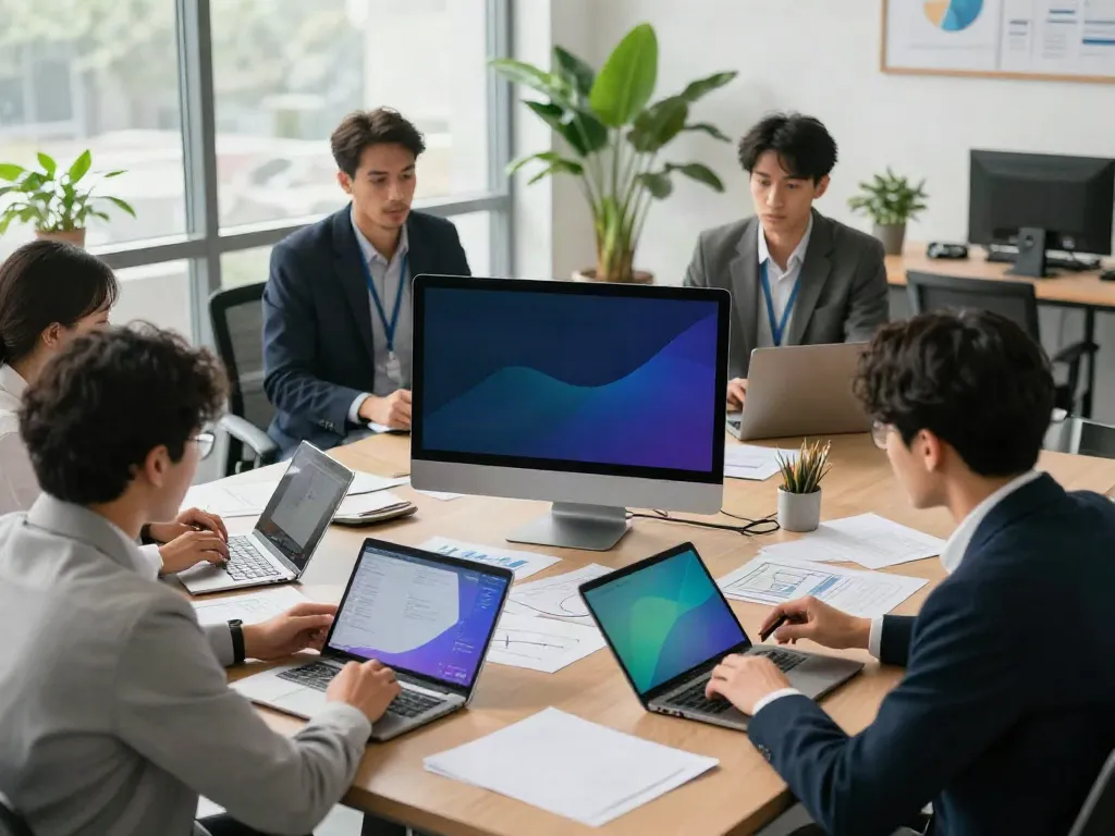 Banorte empresas professionals collaborating in a modern office setting with digital financial analyses.