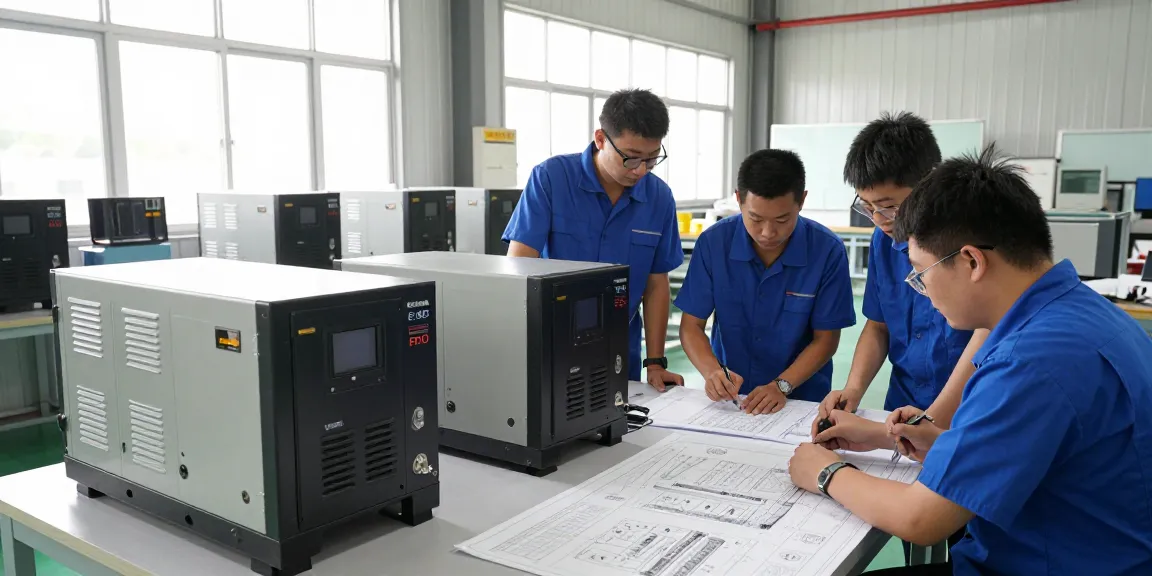 Engineers working on industrial generator solutions in a collaborative workshop, highlighting advanced technology and teamwork.