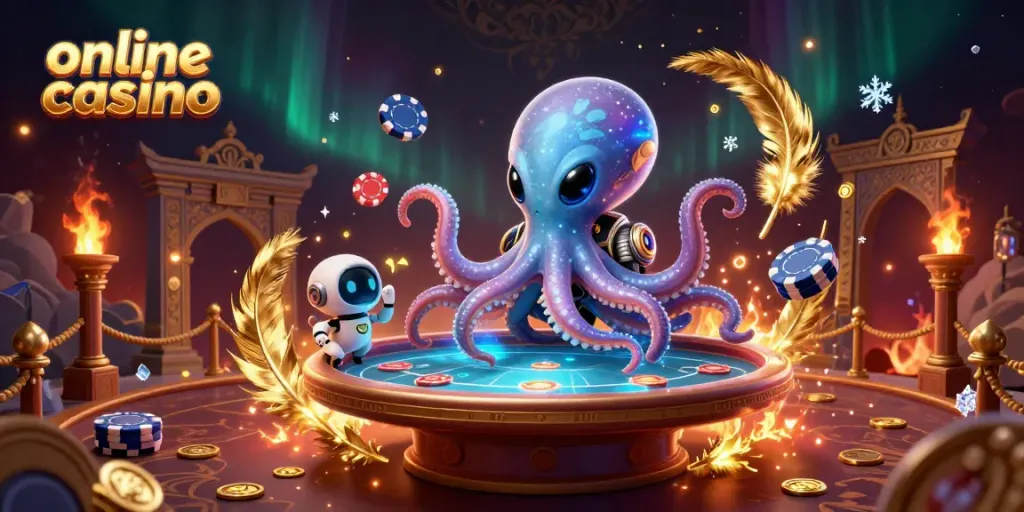 Experience the thrill of online casino gaming with a vibrant alien octopus at a holographic poker table.