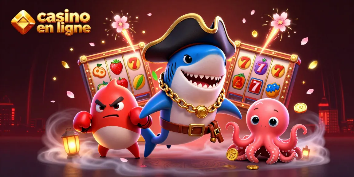 Illustration de casino en ligne avec un requin pirate et un poisson-globe entourés de jetons et de lumières.