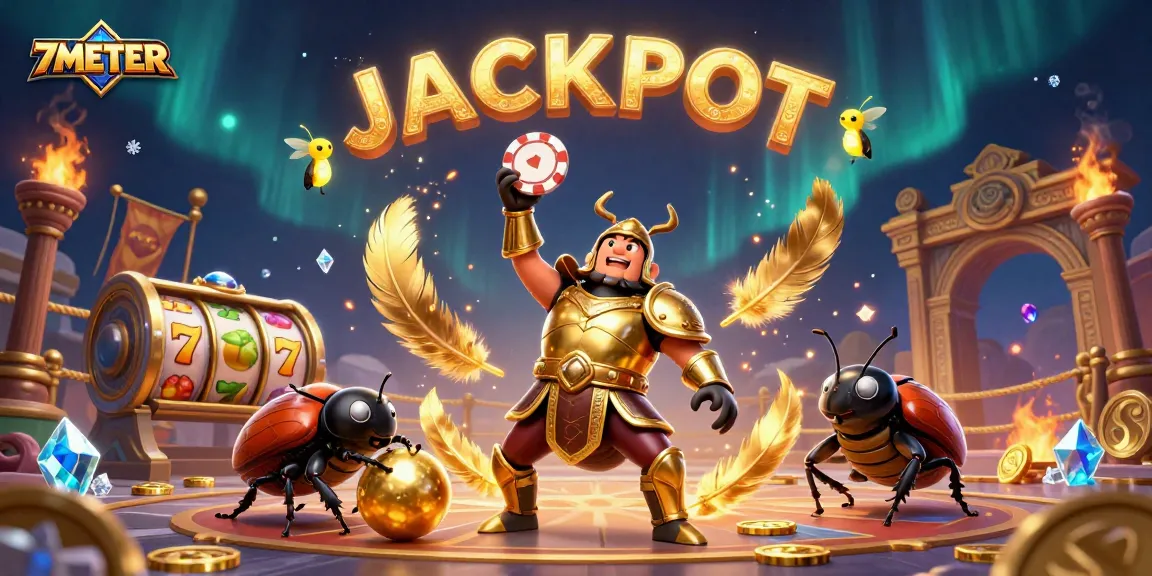 7METER jackpot scene with a beetle in armor lifting a poker chip amidst dynamic slot reels and coins.