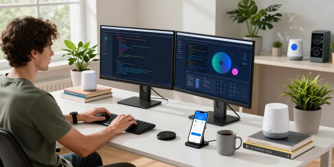 Homey Pro Erfahrungen depicted in a modern tech workspace with smart home devices and automation software, showcasing innovation.