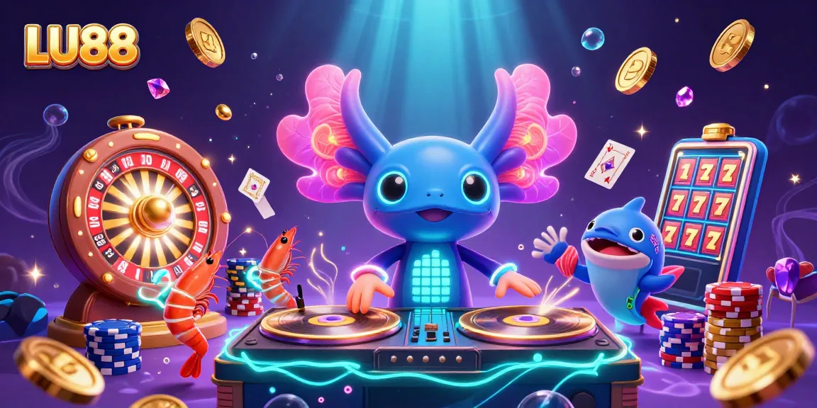 LU88's vibrant casino scene with a neon DJ and energetic gaming elements highlights exciting gambling.